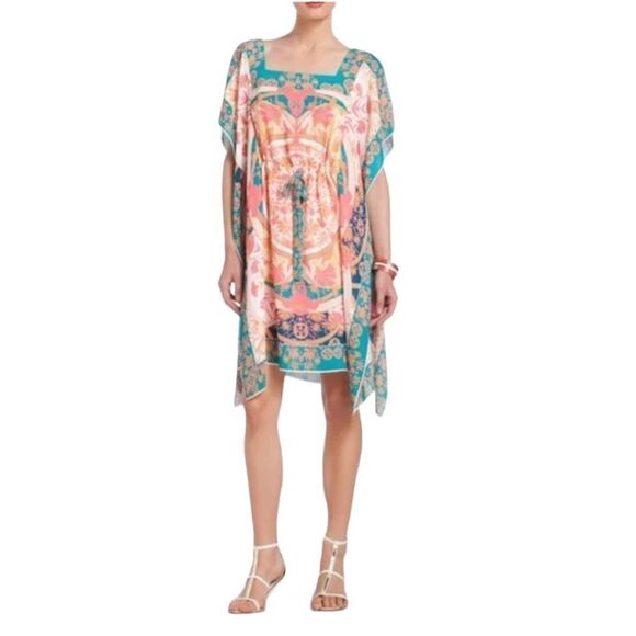 Bgbgmaxazria Iness Boho Kaftan Printed Mini Knee Length Dress Pink Blue XS - Picture 2 of 13